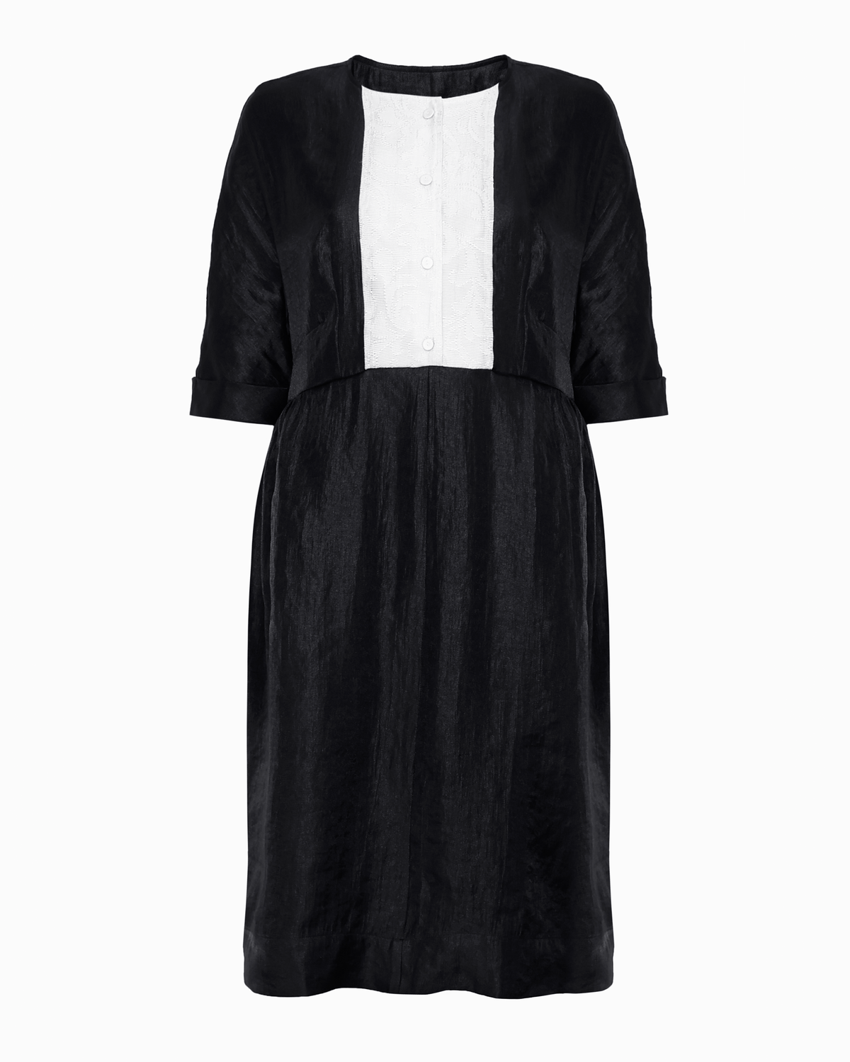 FRAN FRONT DRESS - BLACK SATIN - OFF-WHITE BIB – Dovima Paris