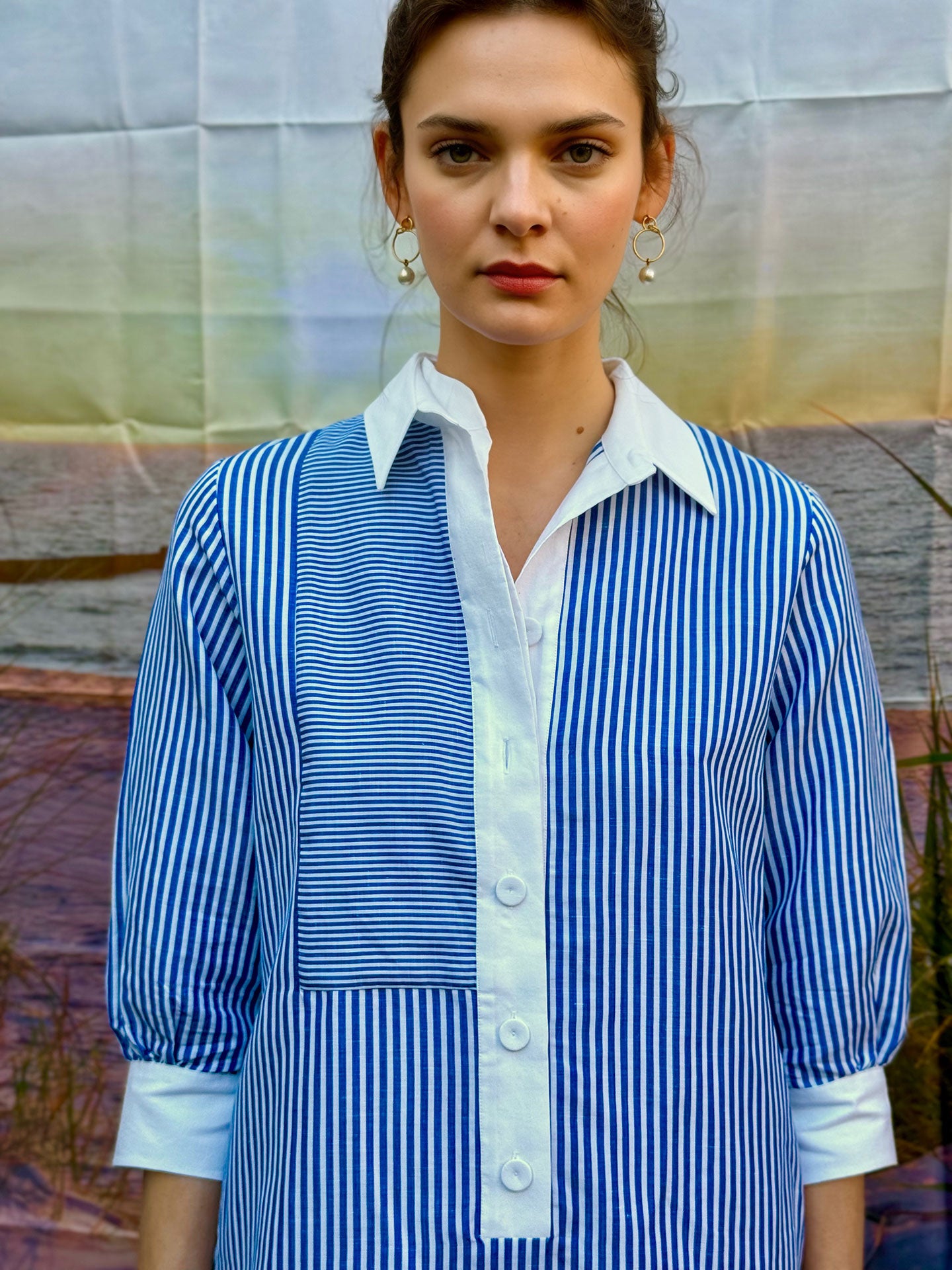 BRANT - Blue Stripe Linen Cotton Mix Knee Lenght Dress Double