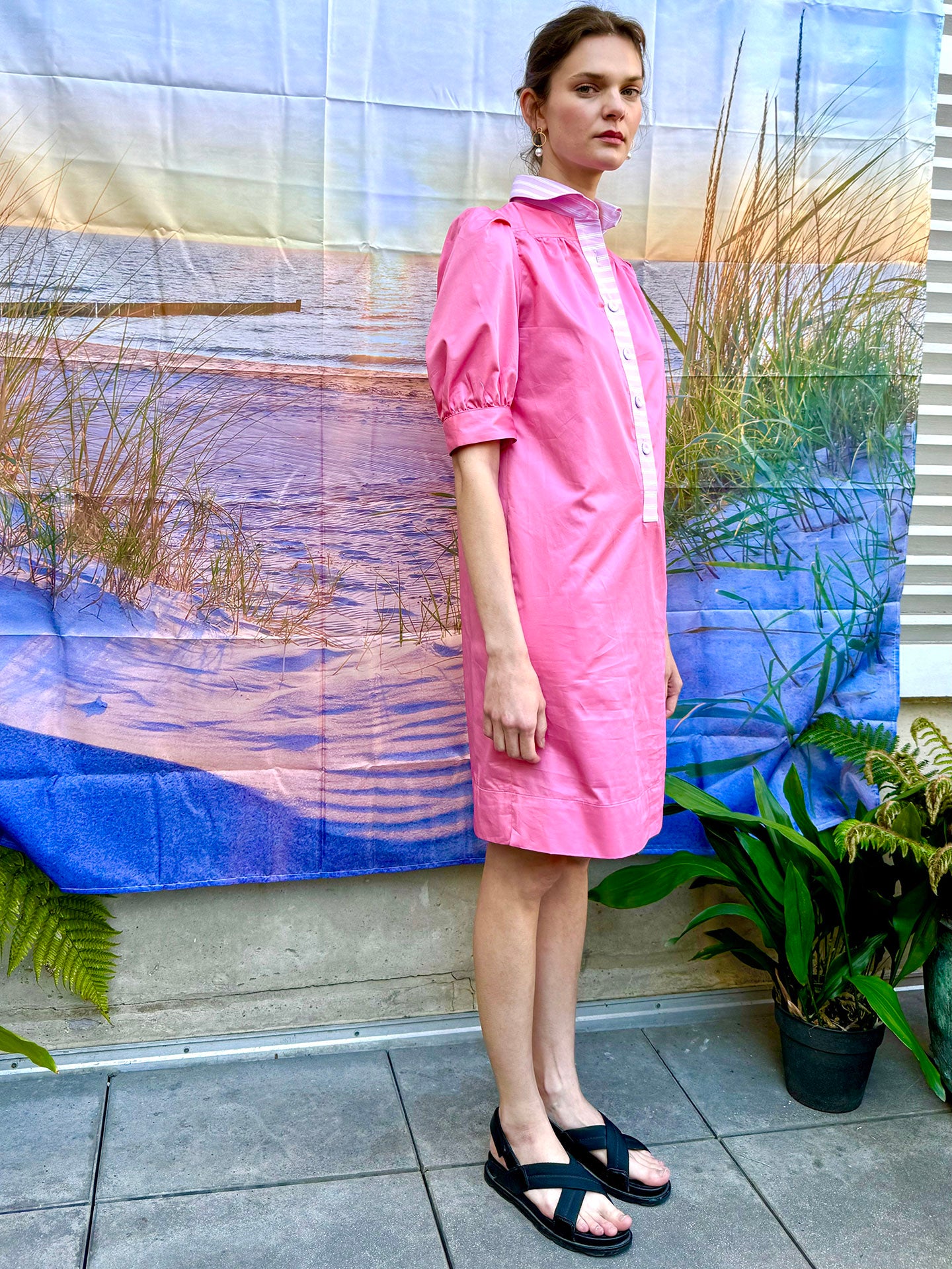 JONES - Geranium Pink button-front knee length short-sleeved dress