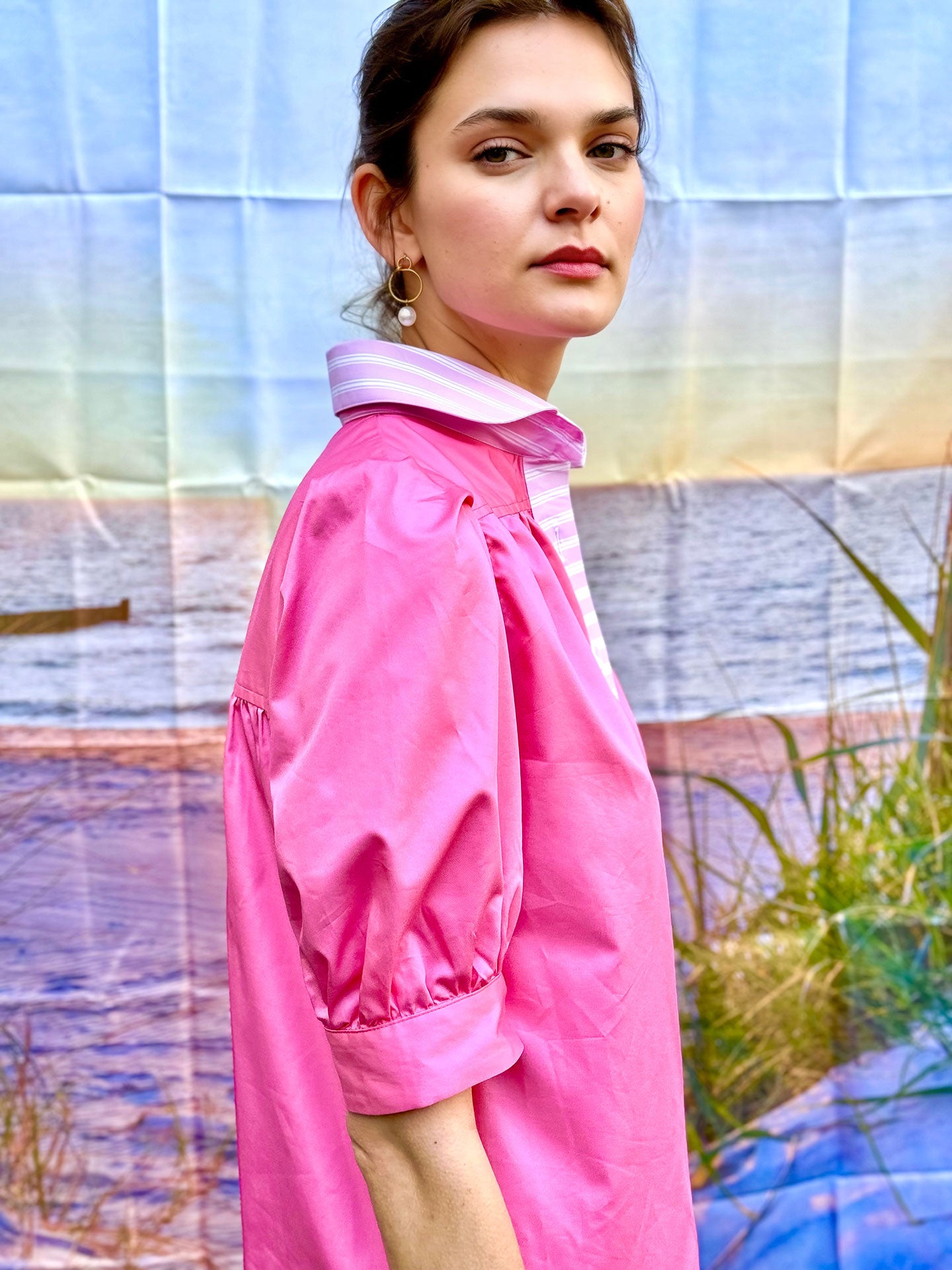 JONES - Geranium Pink button-front knee length short-sleeved