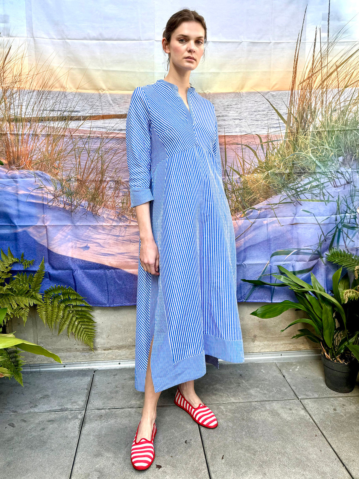 CONRAD - Blue Stripe semi-fitted Kaftan V-neck cotton/linen dress Dovima Paris CONRAD - Blue Stripe semi-fitted Kaftan V-neck cotton/linen dress Dovima Paris