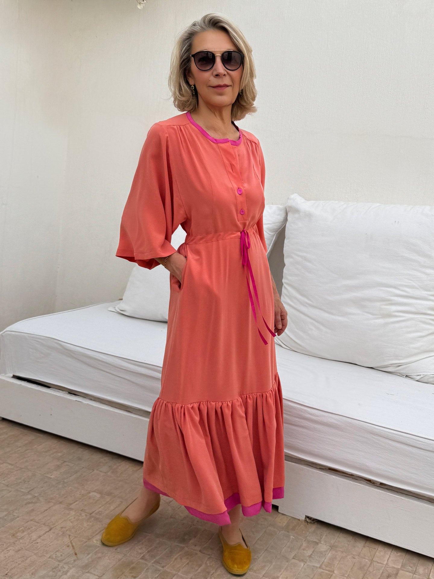 ELIZA DRAWSTRING WAIST DRESS - CORAL PINK SILK CREPE – Dovima Paris