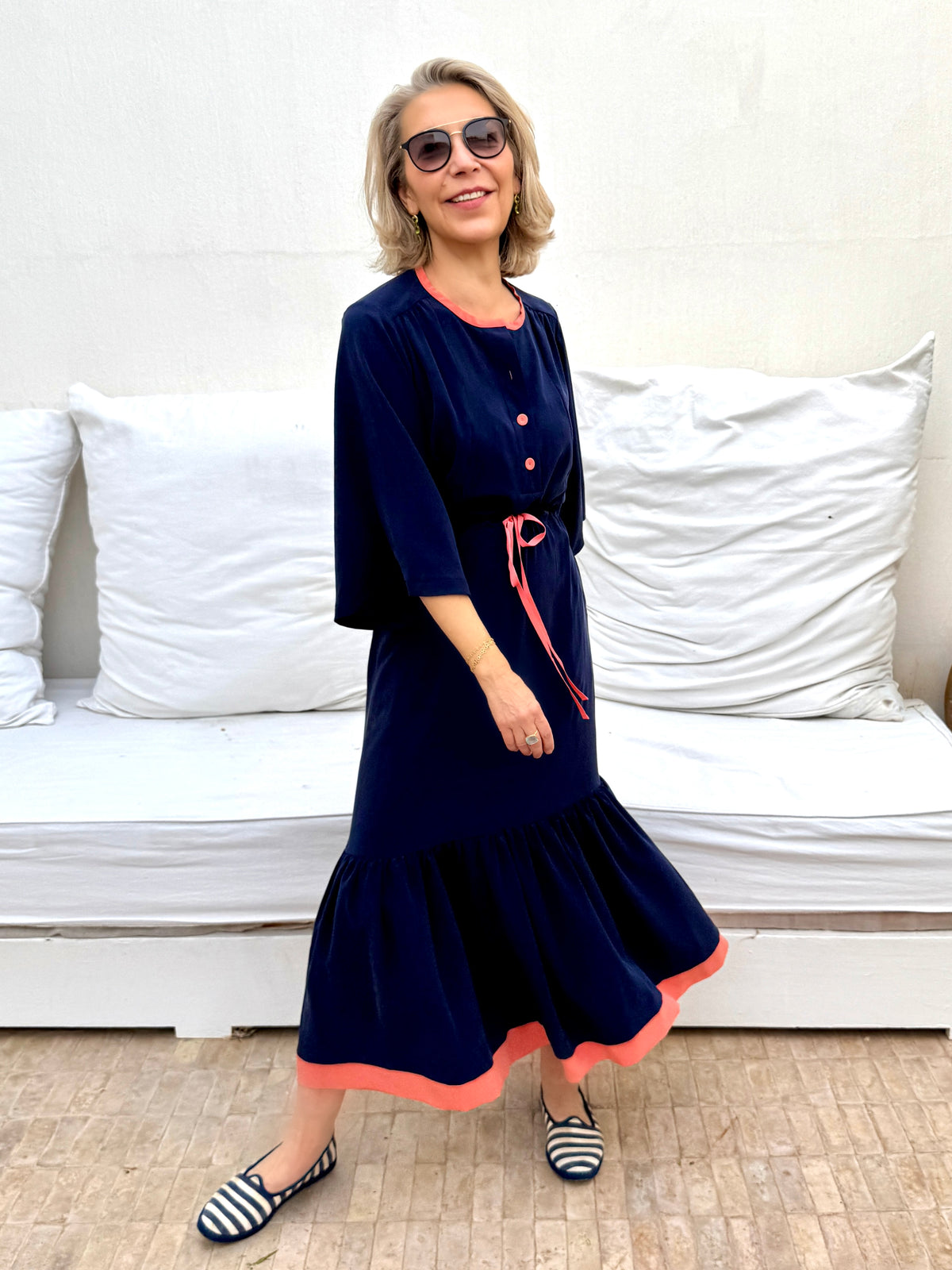 ELIZA DRAWSTRING WAIST DRESS - NAVY SILK CREPE