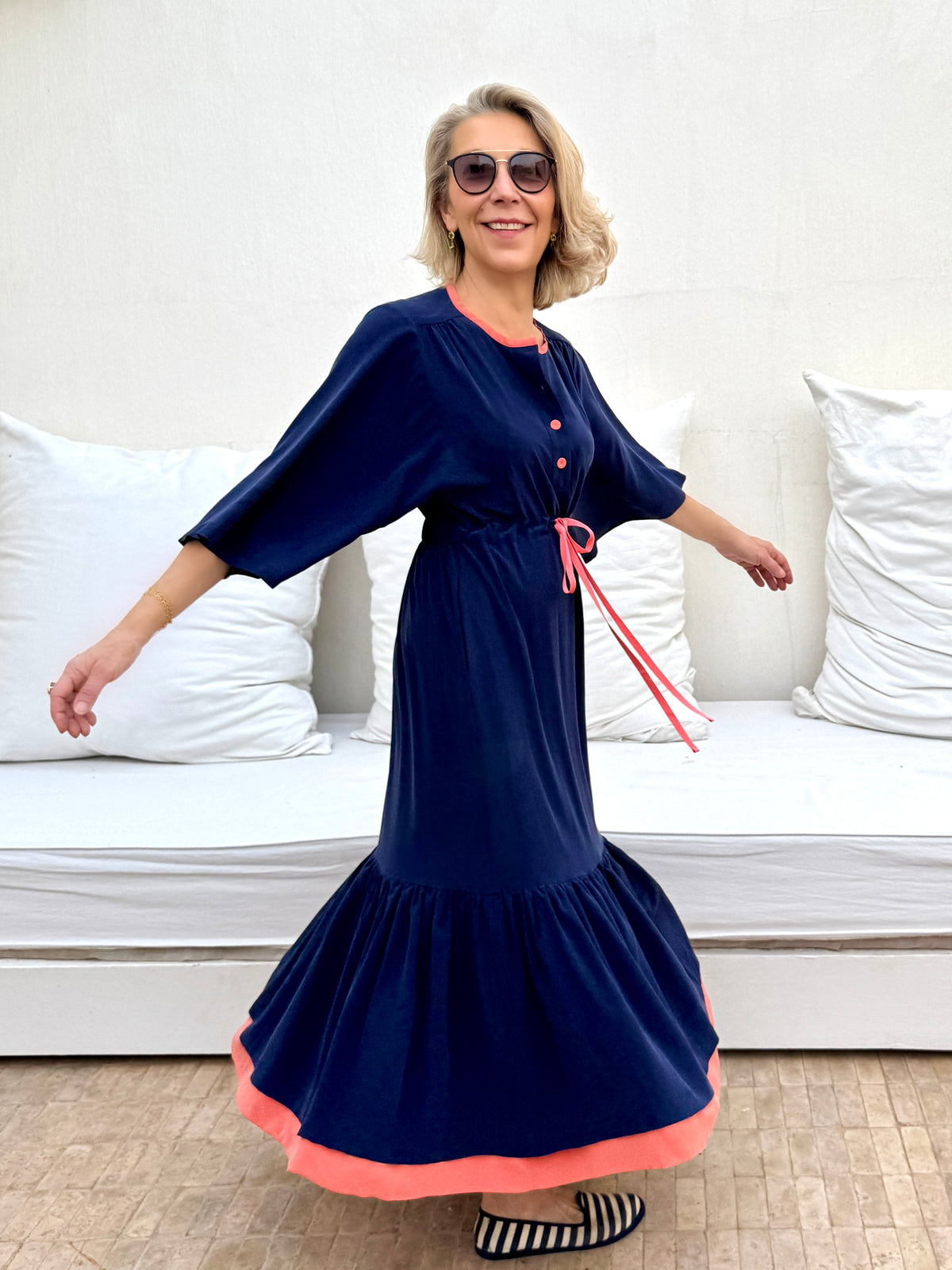ELIZA DRAWSTRING WAIST DRESS - NAVY SILK CREPE