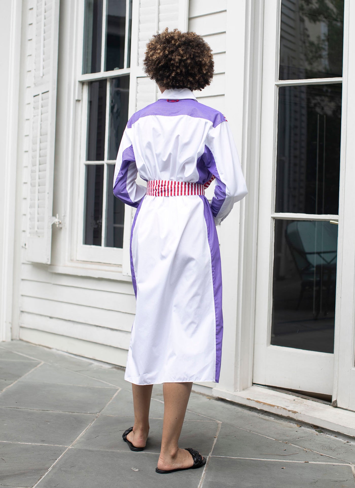 flexwitme 長袖 ポロシャツ 紫 白 ストライプ EMILE SHIRT DRESS RED VIOLET WHITE MULTI STRIPES – Dovima Paris