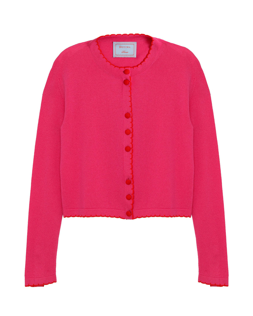 SPENCER SCALLOP EDGE ROUND-NECK LONG SLEEVE FITTED CARDIGAN - Pink
