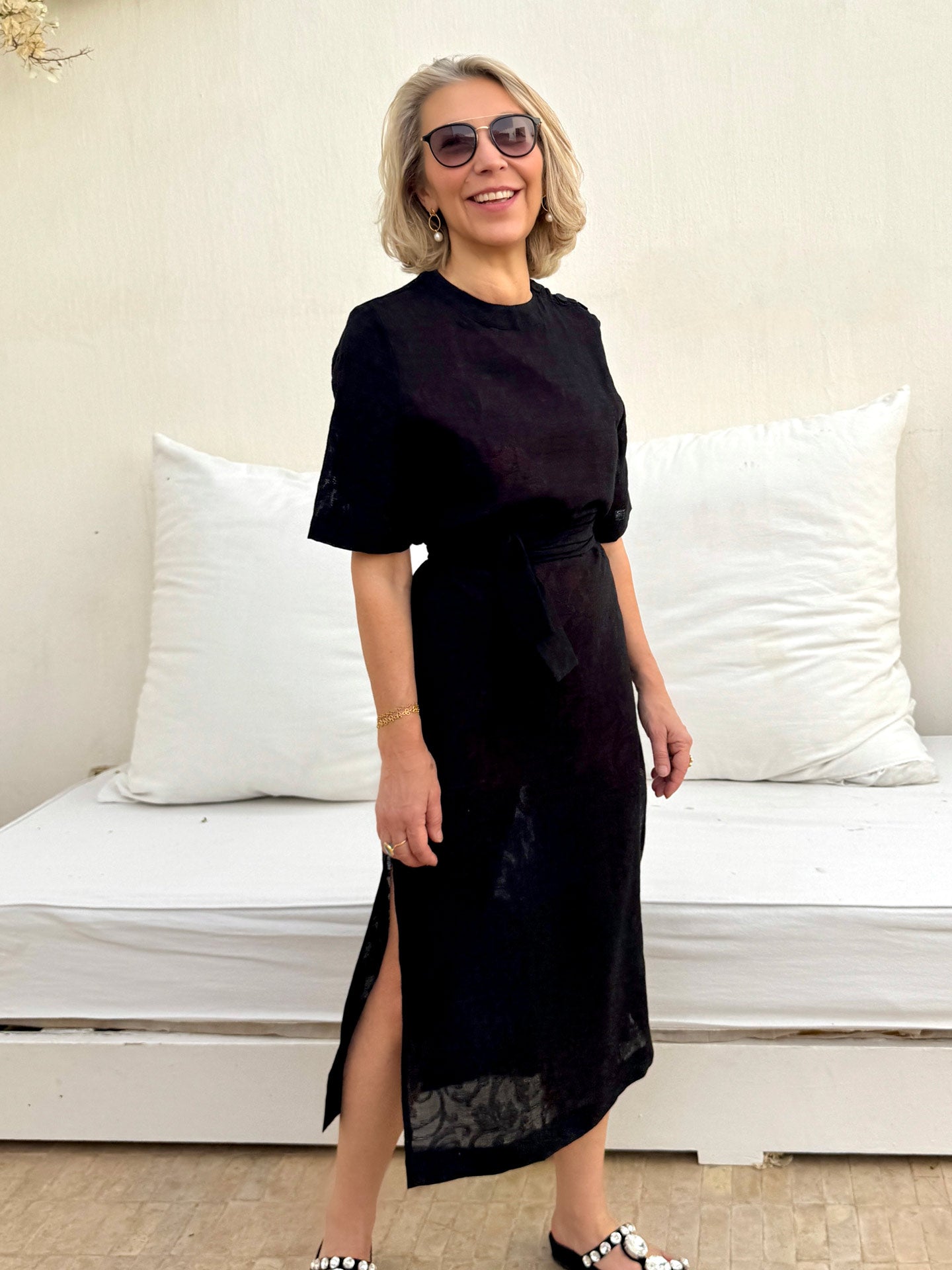 AVERY LONGLINE STRAIGHT DRESS - BLACK LACE - PINK UNDERDRESS