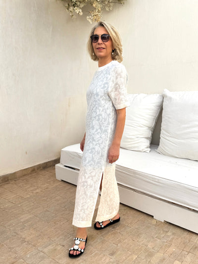 AVERY LONGLINE STRAIGHT DRESS - OFF-WHITE LACE - BLUE UNDERDRESS
