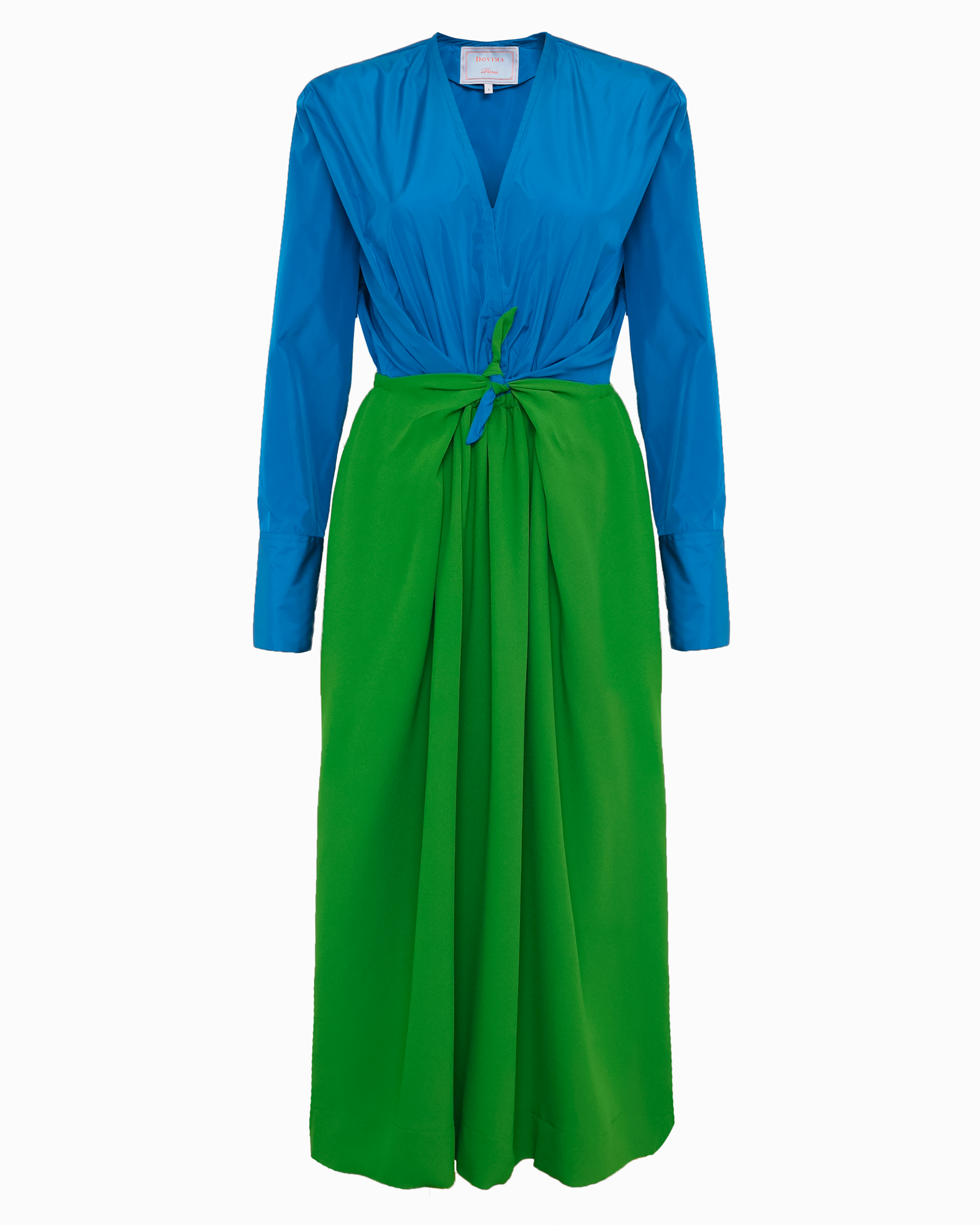 DELLA DRESS - TEAL BLUE RADZIMIR TAFFETA TOP WITH PERIDOT GREEN SILK SATIN SKIRT