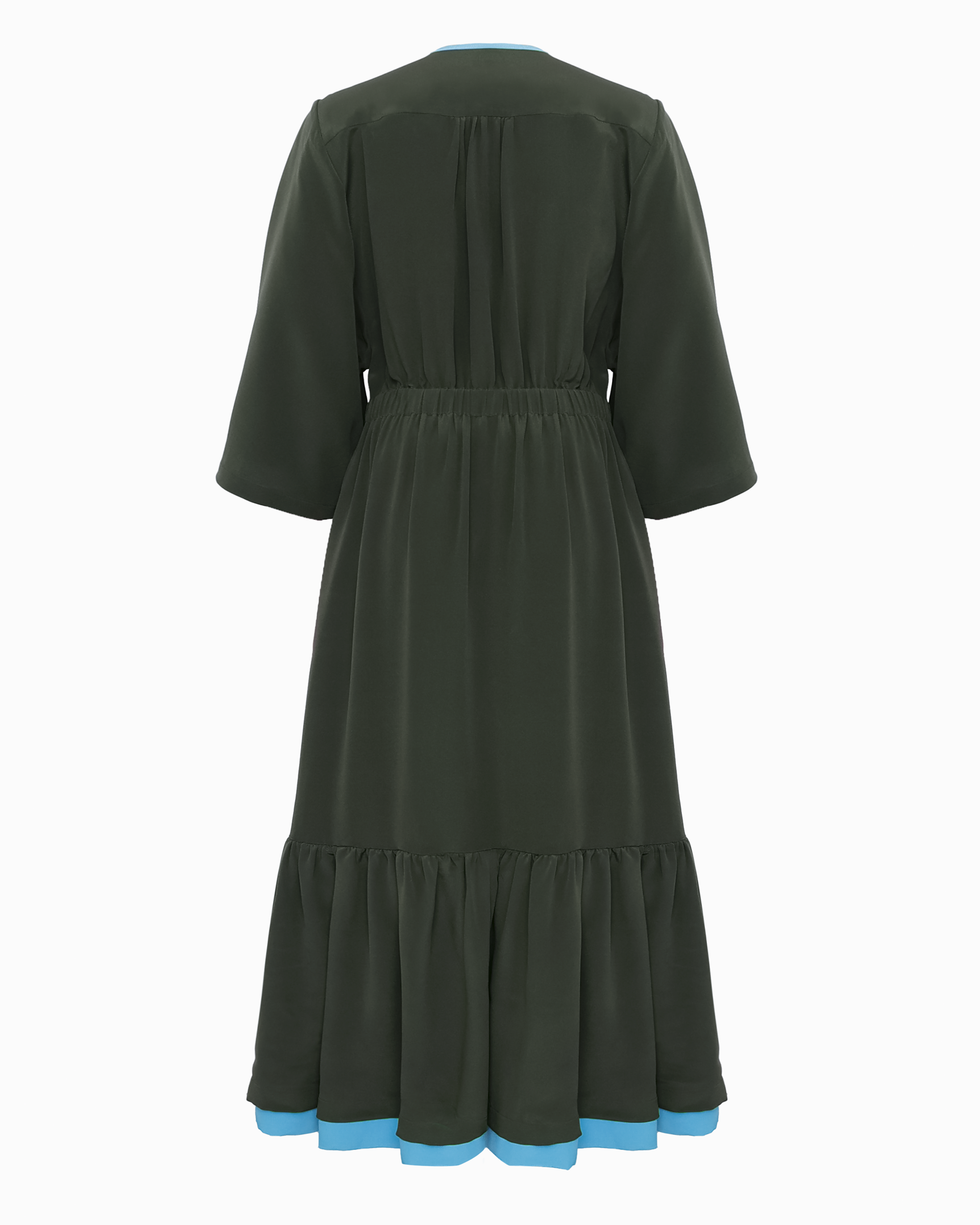 ELIZA DRAWSTRING WAIST DRESS - DARK OLIVE SILK CADY - TURQUOISE STRING