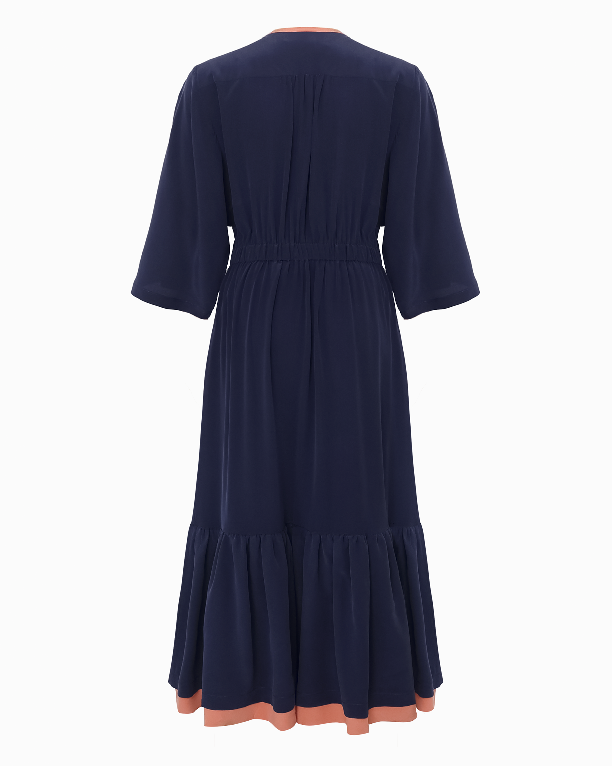 ELIZA DRAWSTRING WAIST DRESS - NAVY SILK CREPE - PINK STRING