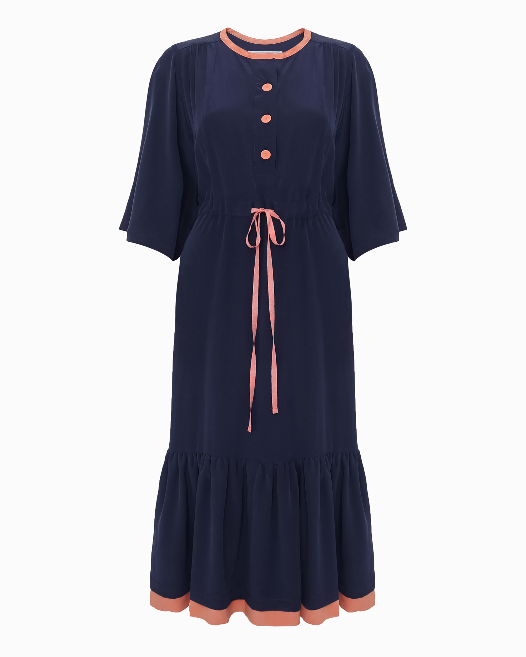ELIZA DRAWSTRING WAIST DRESS - NAVY SILK CREPE - PINK STRING Dovima Paris ELIZA DRAWSTRING WAIST DRESS - NAVY SILK CREPE - PINK STRING Dovima Paris