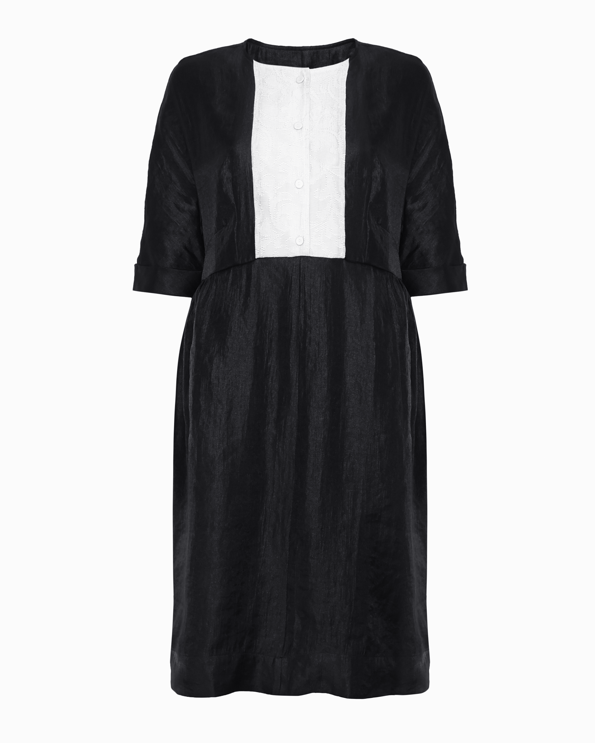 FRAN FRONT DRESS - BLACK SATIN - OFF-WHITE BIB