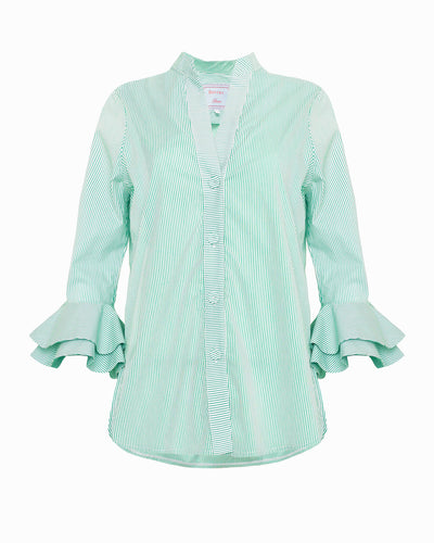 AERIN BLOUSE - GREEN & WHITE CHIOS STRIPE STRETCH COTTON POPLIN