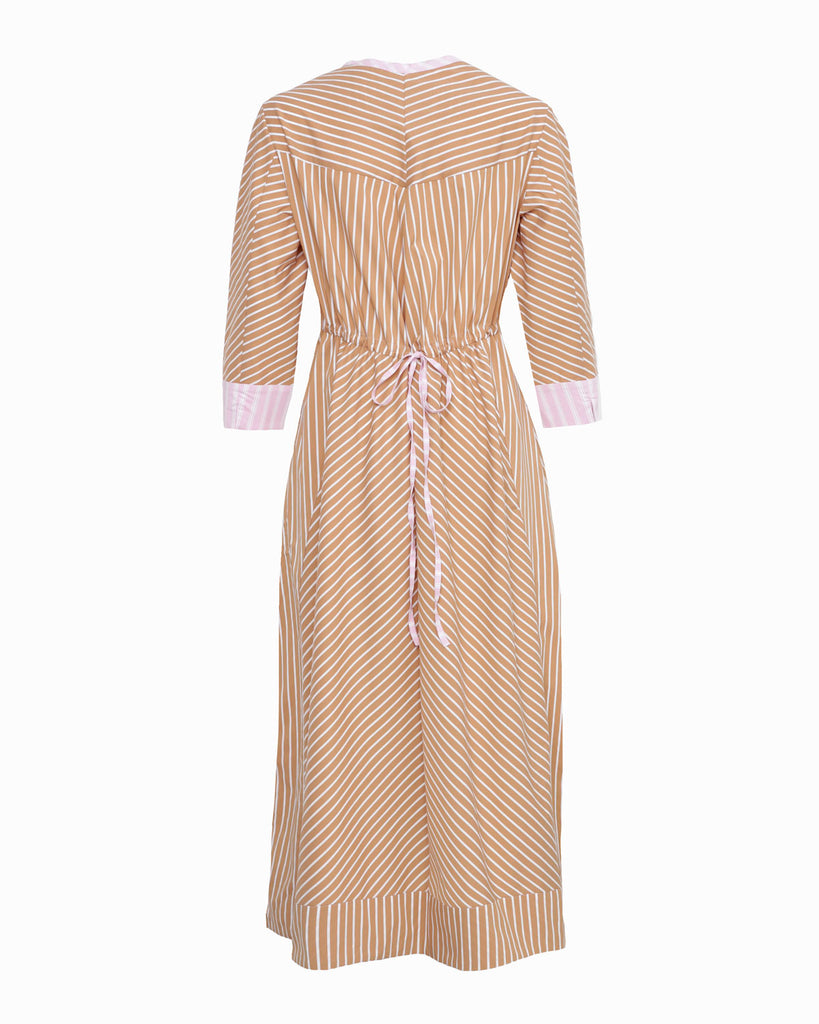 CONRAD - Camel Stripe semi-fitted Kaftan V-neck stretch cotton dress