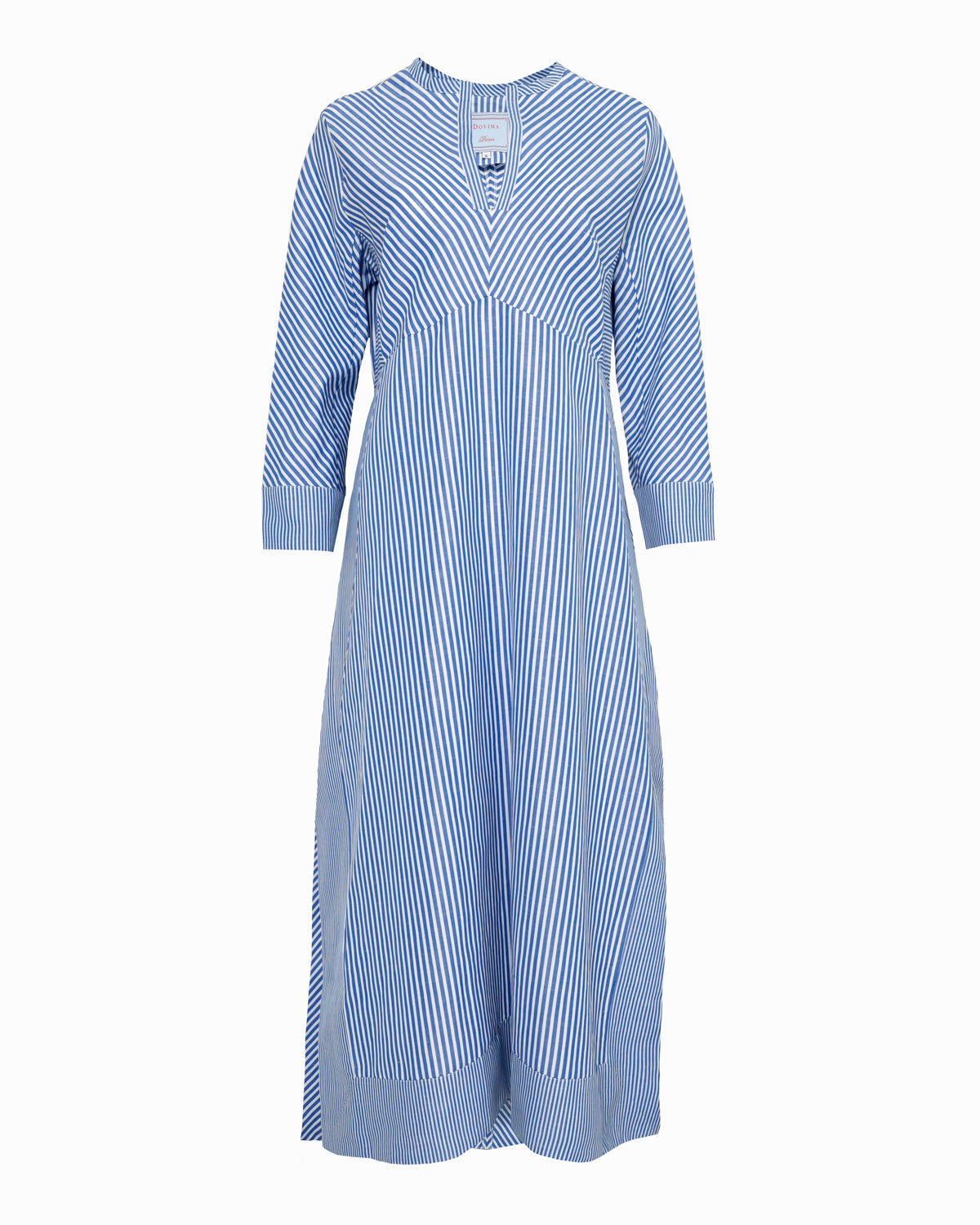 CONRAD - Blue Stripe semi-fitted Kaftan V-neck cotton/linen dress