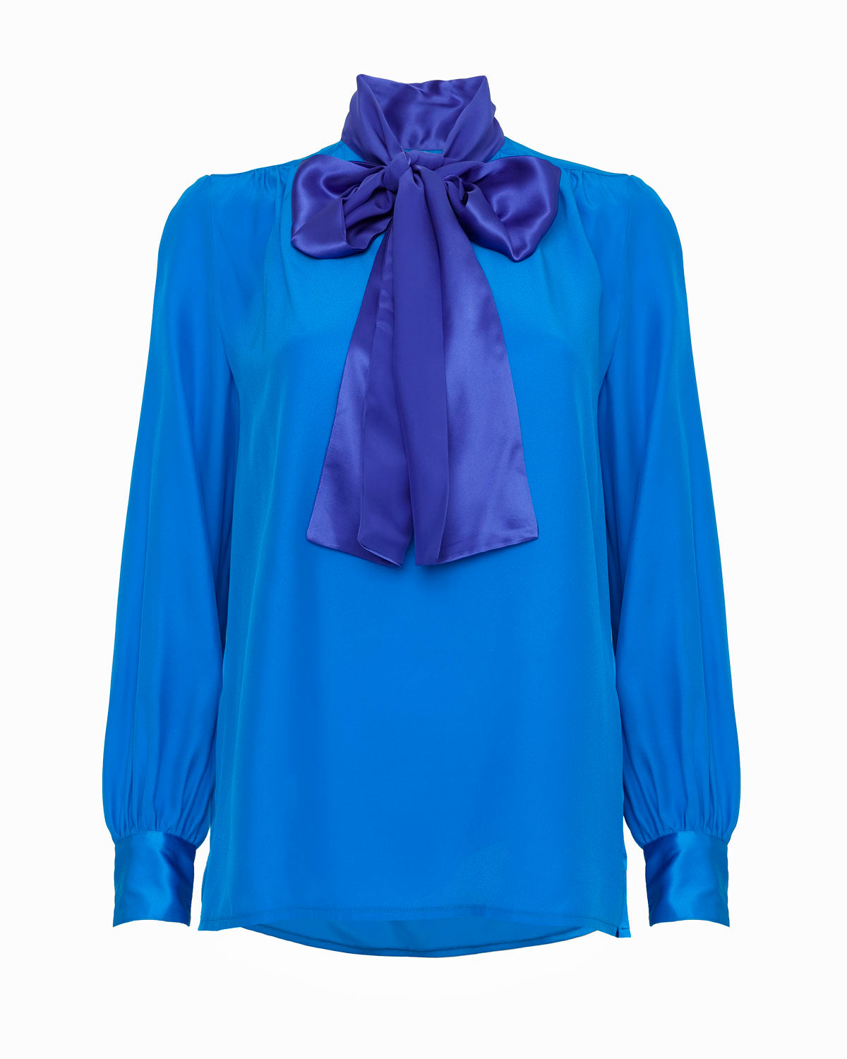 EDEN PUSSY-BOW BLOUSE - KINGFISHER & SAPPHIRE SILK SATIN