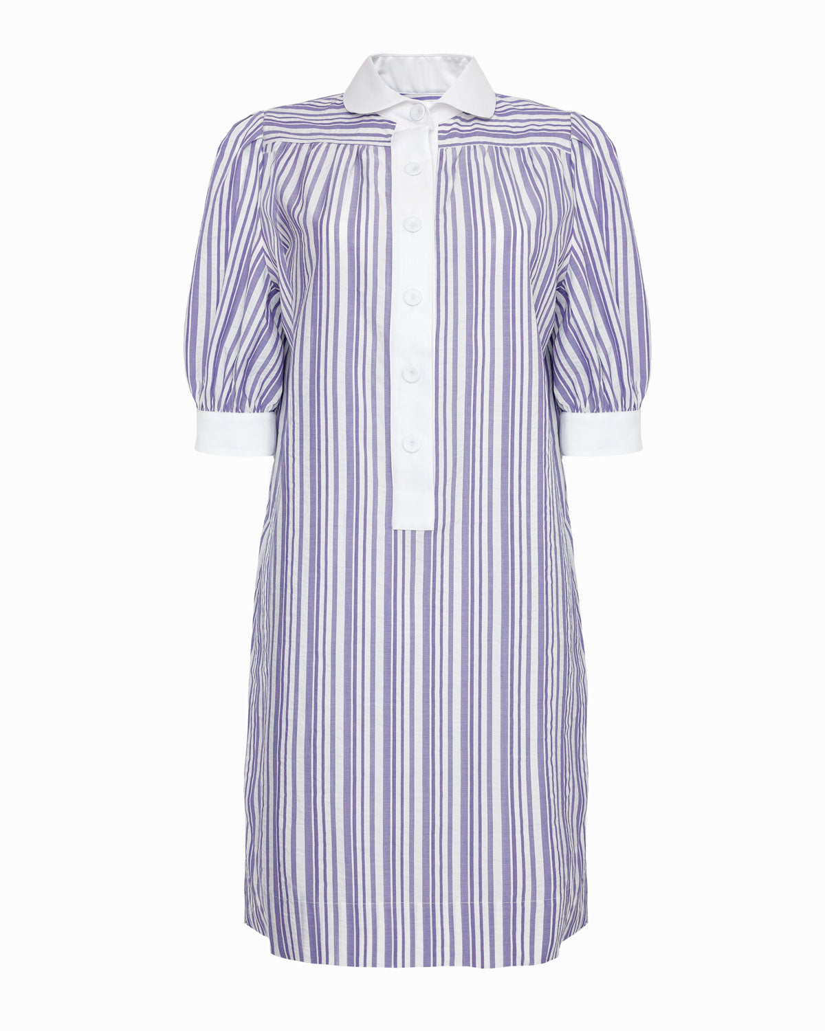 JONES - Woven lilac & white stripe button-front knee length short-sleeved dress