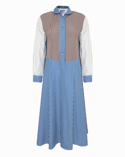 MARCEAU DRESS ELECTRIC BLUE WHITE BROWN MULTI STRIPES