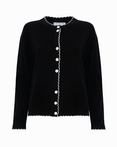 SPENCER SCALLOP EDGE ROUND-NECK LONG SLEEVE FITTED CARDIGAN - Black
