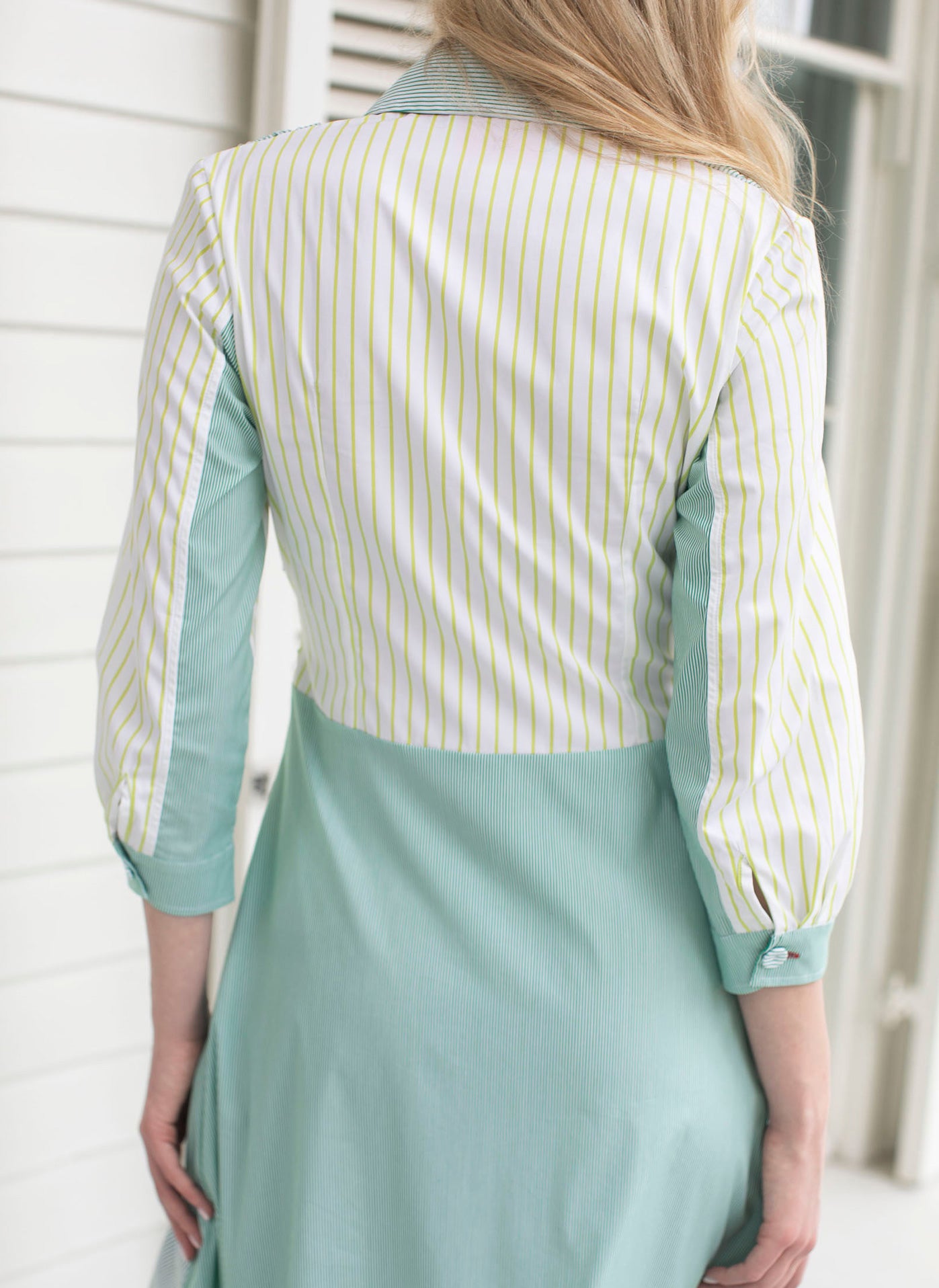 BLAISE DRESS GREEN WHITE MULTI STRIPES