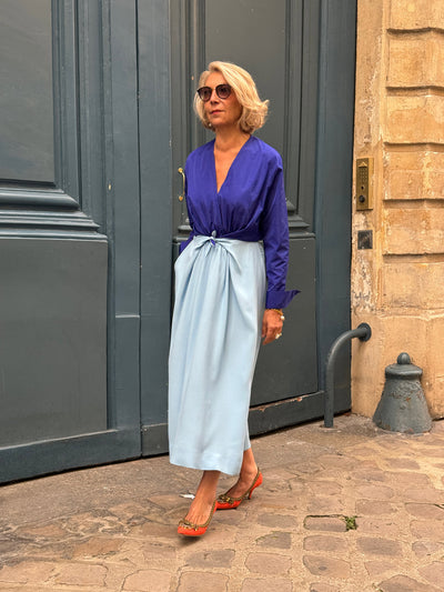 DELLA DRESS - COBALT BLUE RADZIMIR TAFFETA TOP WITH WEDGEWOOD BLUE SILK SATIN SKIRT