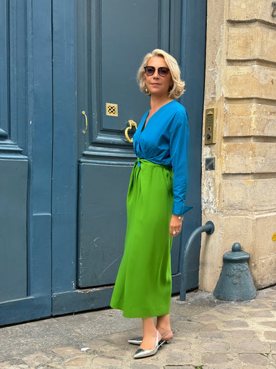 DELLA DRESS - TEAL BLUE RADZIMIR TAFFETA TOP WITH PERIDOT GREEN SILK SATIN SKIRT
