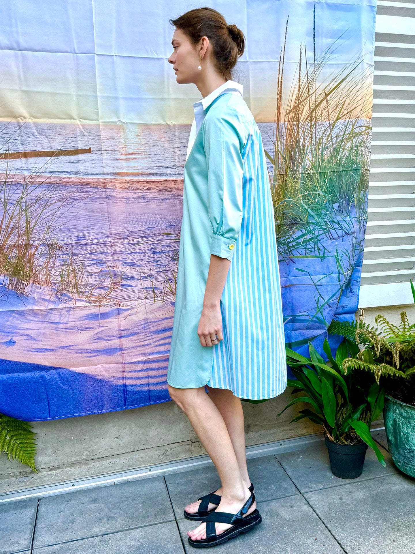 BRANT - Seafoam Plain Cotton Knee Length Dress Double Placket Bib Fron Dovima Paris BRANT - Seafoam Plain Cotton Knee Length Dress Double Placket Bib Fron Dovima Paris