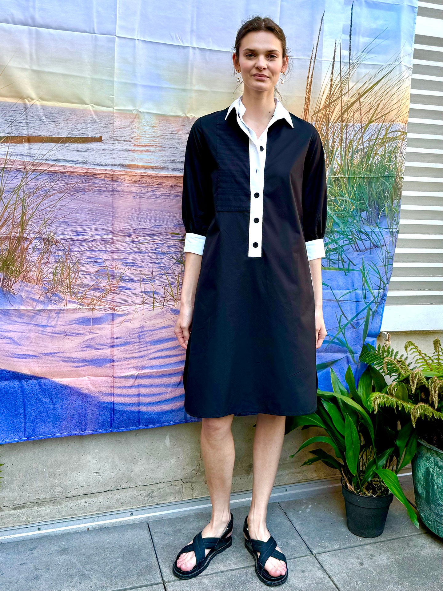 BRANT - Black Plain Cotton Knee Lenght Dress Double Placket Bib Front Dovima Paris BRANT - Black Plain Cotton Knee Lenght Dress Double Placket Bib Front Dovima Paris
