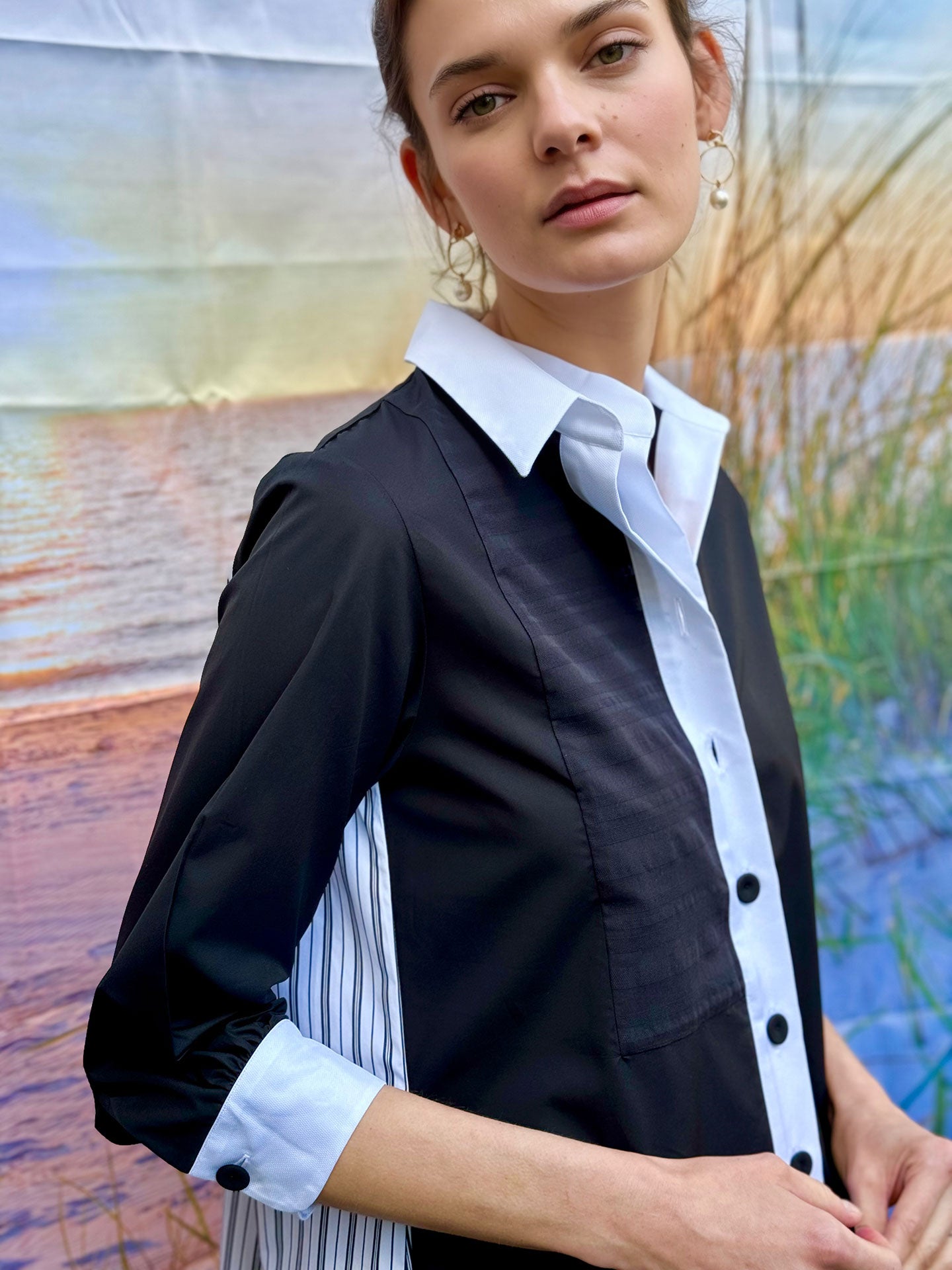 BRANT - Black Plain Cotton Knee Lenght Dress Double Placket Bib