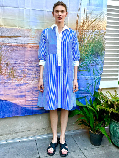 BRANT - Blue Stripe Linen Cotton Mix Knee Lenght Dress Double Placket Bib Front
