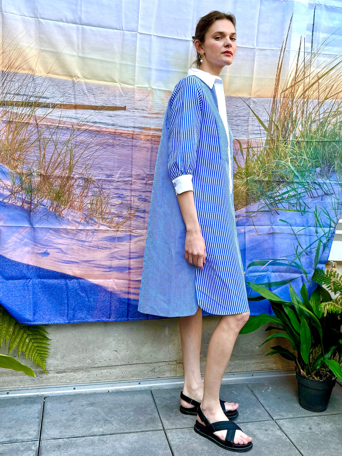 BRANT - Blue Stripe Linen Cotton Mix Knee Lenght Dress Double Placket Bib Front BRANT - Blue Stripe Linen Cotton Mix Knee Lenght Dress Double Placket Bib Front