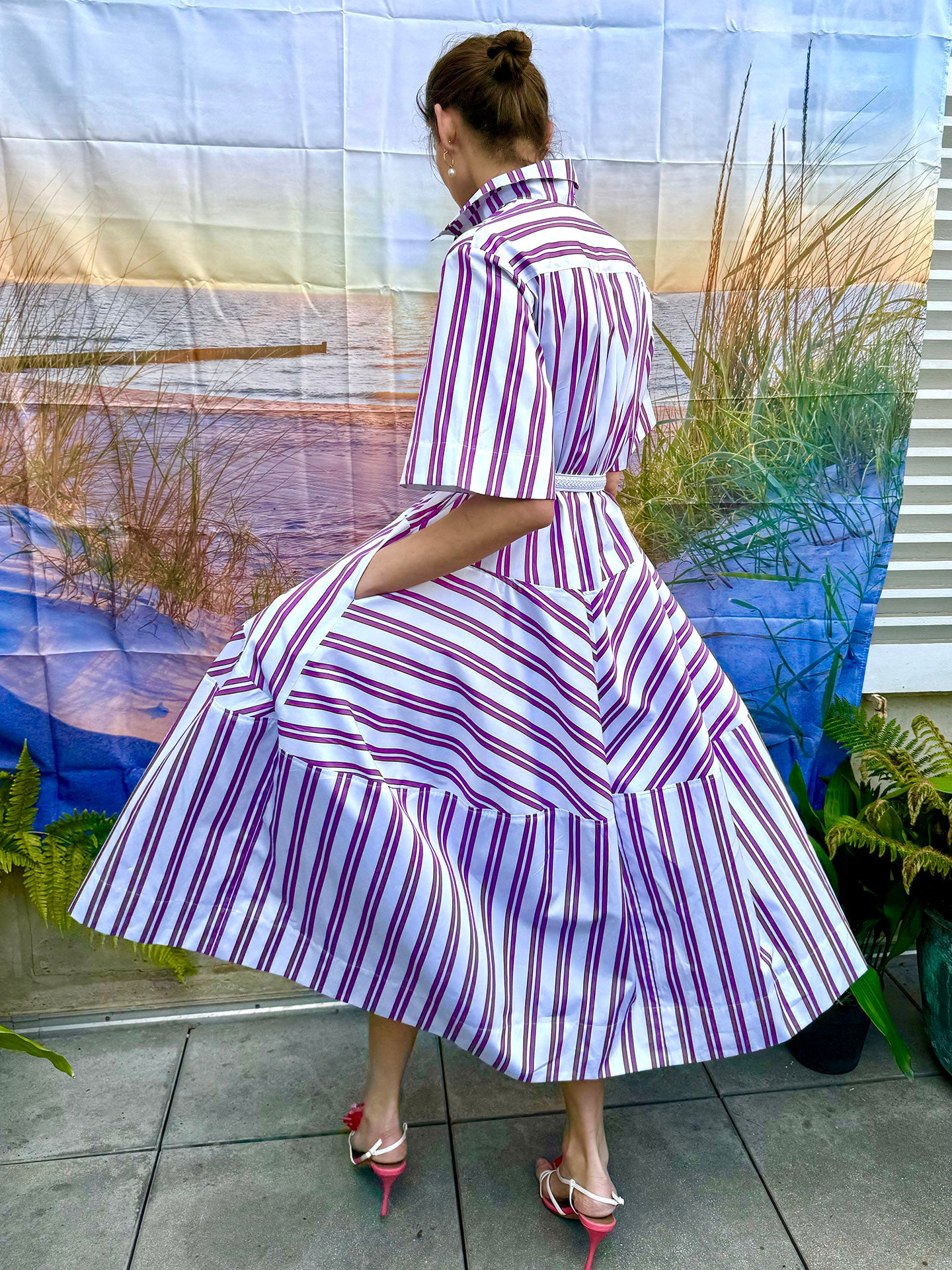 MINTY - ASYMETRICALLY SEAMED MAGENTA STRIPE DRESS – Dovima Paris