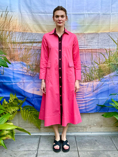 NELSON - Geranium pink long-line button thru coat dress