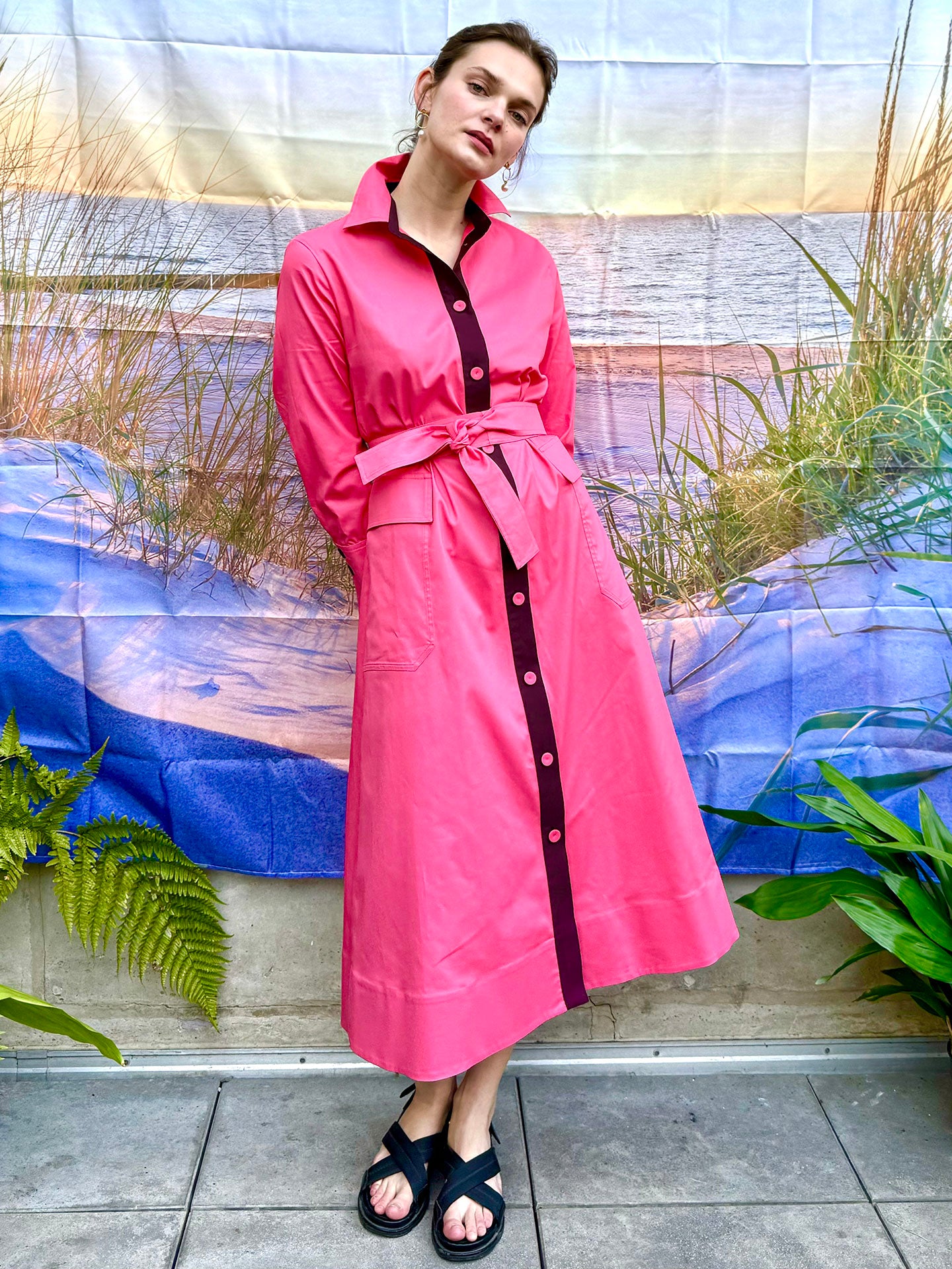 NELSON - Geranium pink long-line button thru coat dress – Dovima Paris