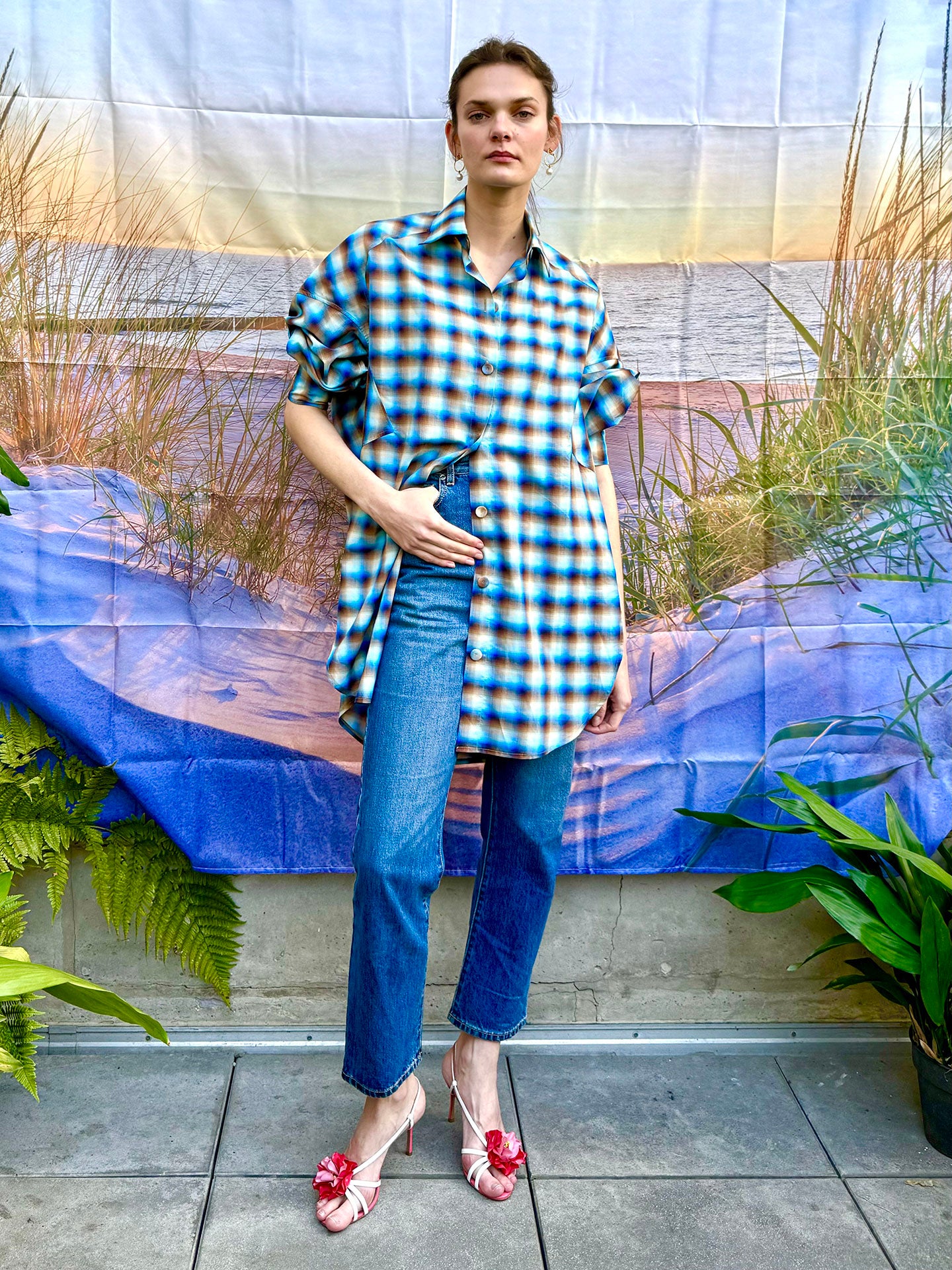 plaid oversized shirt dress Blczomt Midi Women Dress Long Sleeve Plaid Blue Dressy Casual Shirt Dress Crew Neck Trendy Soft Dresses, Women's, Size: 4,6,8,10,12,14,16,18,20