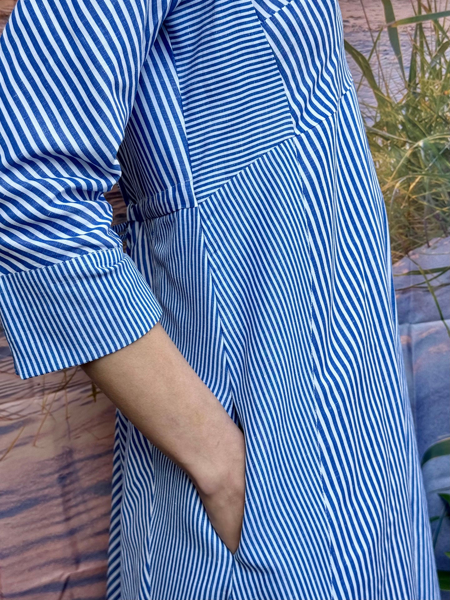 CONRAD - Blue Stripe semi-fitted Kaftan V-neck cotton/linen dress