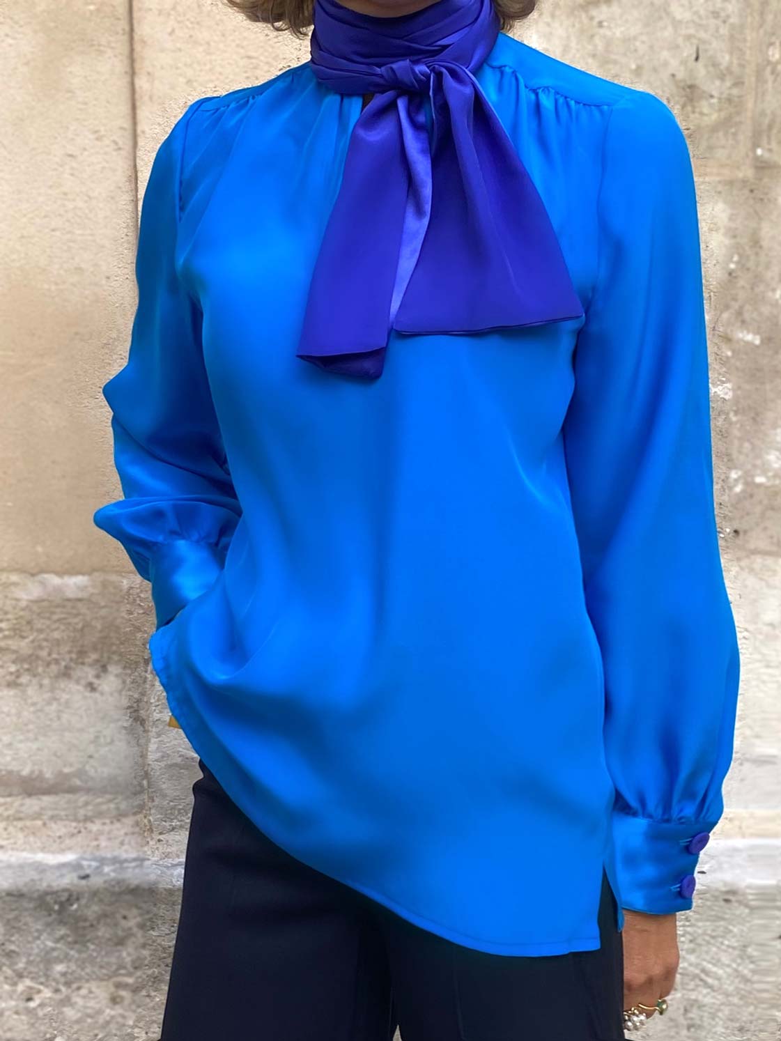 EDEN PUSSY-BOW BLOUSE - KINGFISHER & SAPPHIRE SILK SATIN