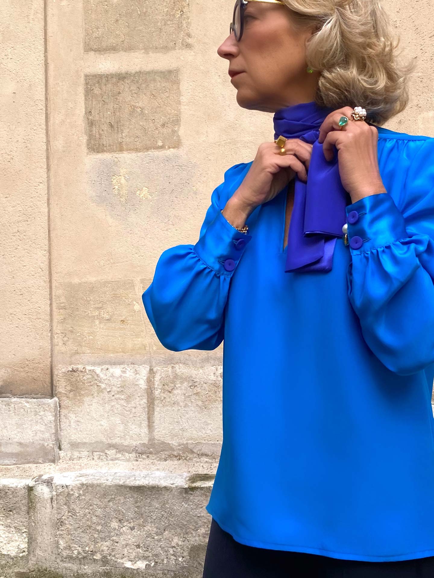 EDEN PUSSY-BOW BLOUSE - KINGFISHER & SAPPHIRE SILK - DOVIMA