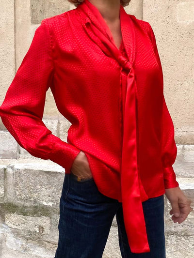 EDEN PUSSY-BOW BLOUSE - DOTTY SILK JACQUARD & PLAIN RED