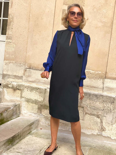 SLOANE TIE-NECK DRESS - BLACK & NAVY