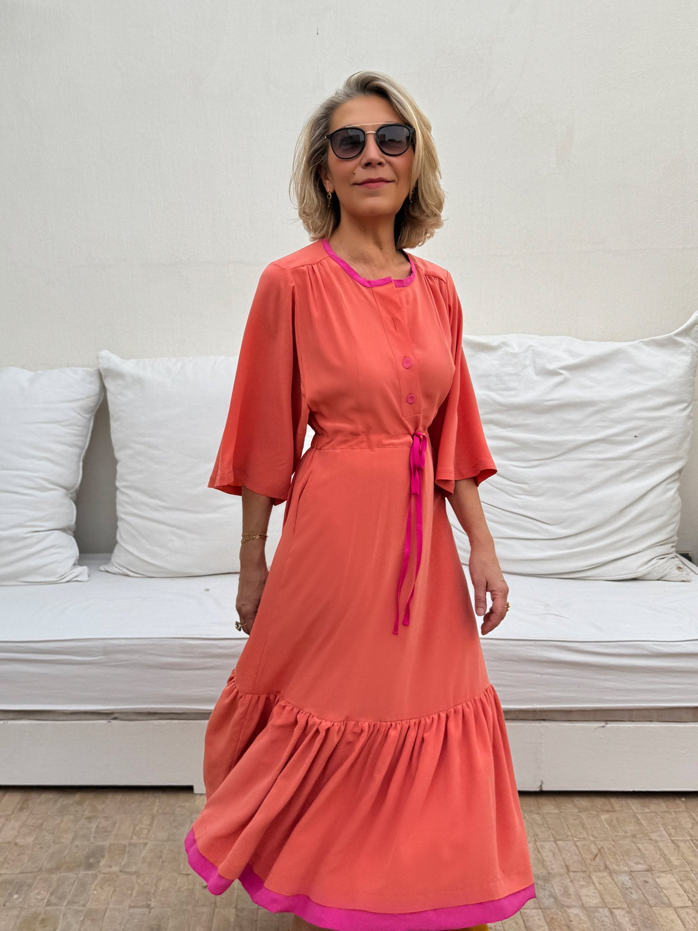 ELIZA DRAWSTRING WAIST DRESS - CORAL PINK SILK CREPE – Dovima Paris