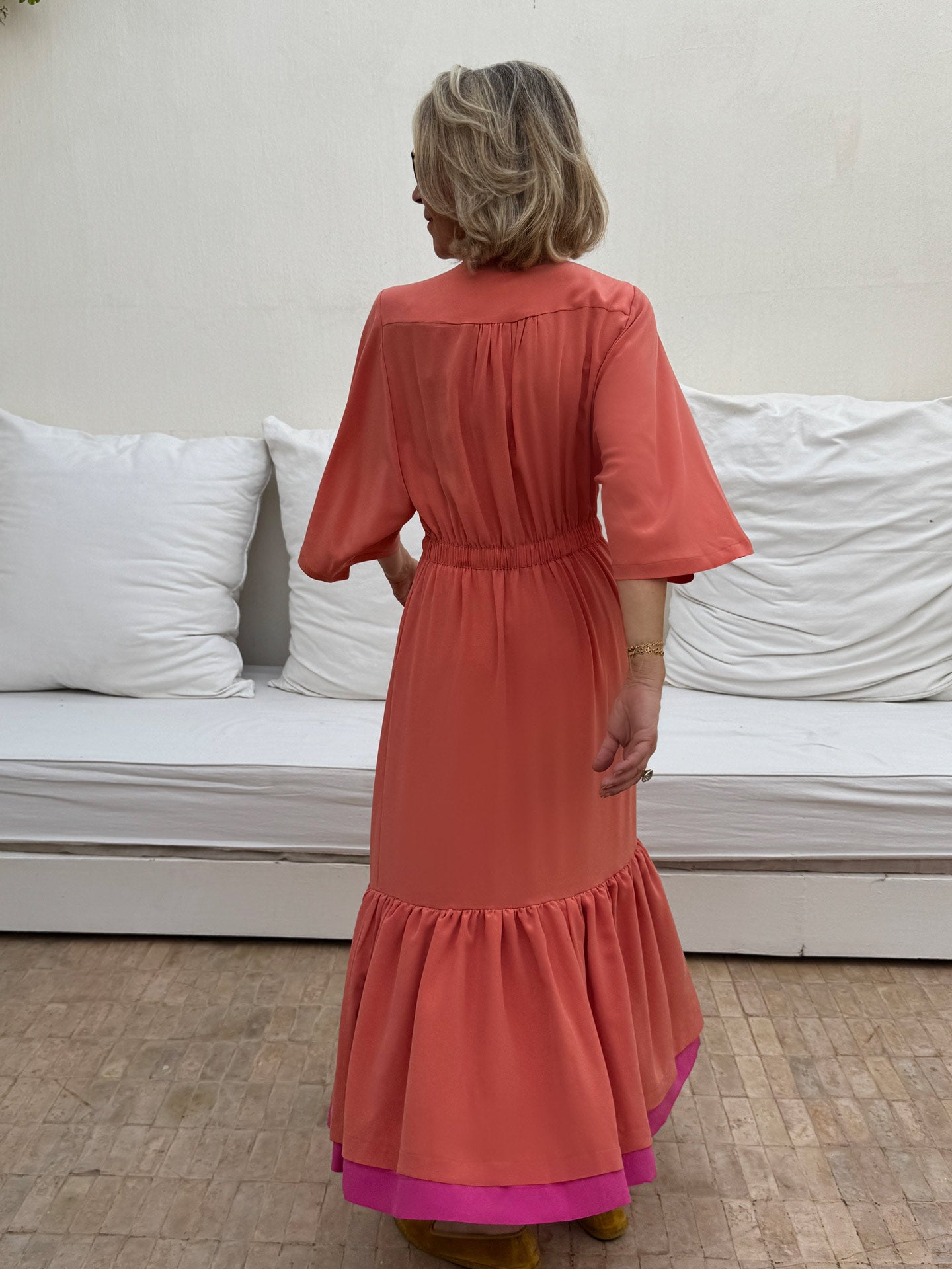 ELIZA DRAWSTRING WAIST DRESS - CORAL PINK SILK CREPE Dovima Paris ELIZA DRAWSTRING WAIST DRESS - CORAL PINK SILK CREPE Dovima Paris
