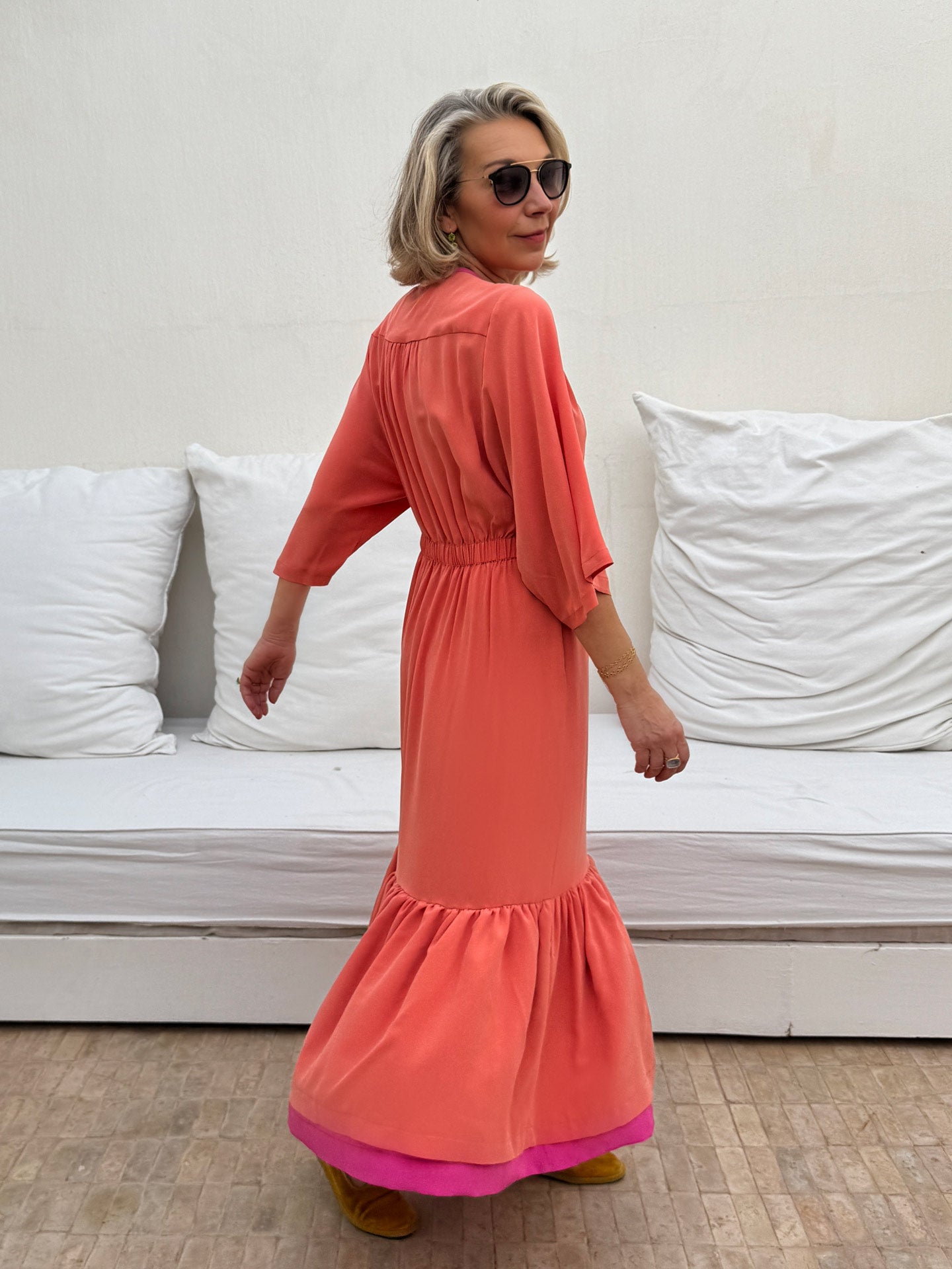 ELIZA DRAWSTRING WAIST DRESS - CORAL PINK SILK CREPE Dovima Paris ELIZA DRAWSTRING WAIST DRESS - CORAL PINK SILK CREPE Dovima Paris
