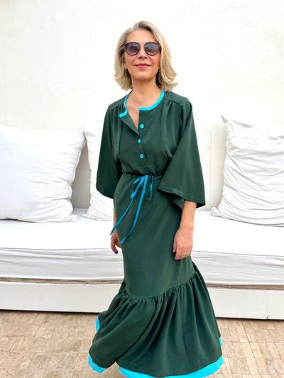ELIZA DRAWSTRING WAIST DRESS - DARK OLIVE SILK CADY - TURQUOISE STRING