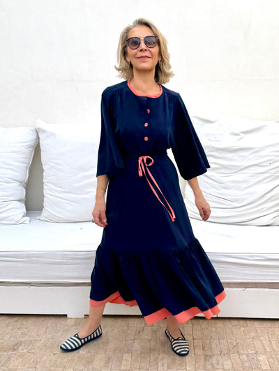 ELIZA DRAWSTRING WAIST DRESS - NAVY SILK CREPE - PINK STRING Dovima Paris ELIZA DRAWSTRING WAIST DRESS - NAVY SILK CREPE - PINK STRING Dovima Paris