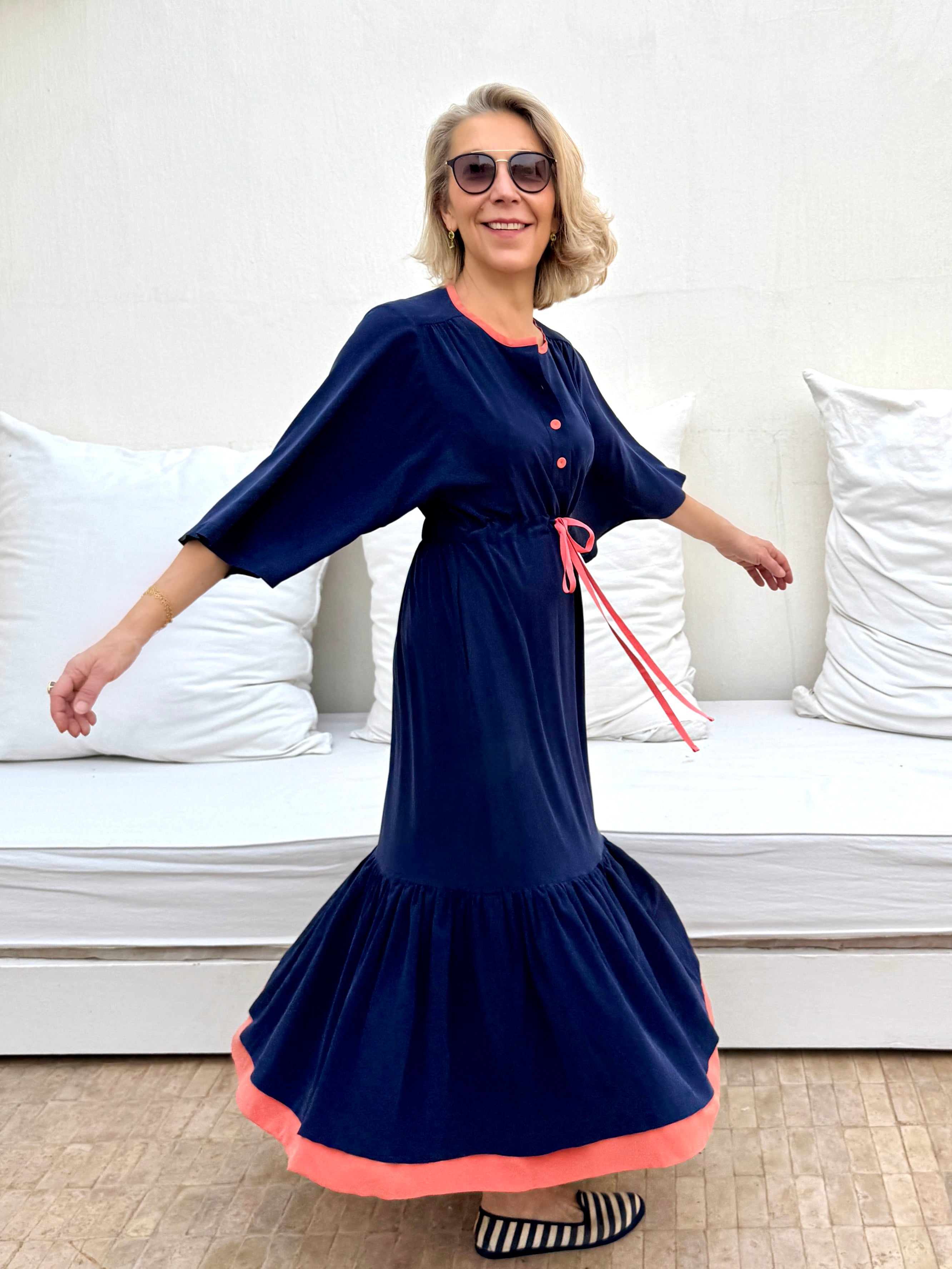 ELIZA DRAWSTRING WAIST DRESS - NAVY SILK CREPE - PINK STRING