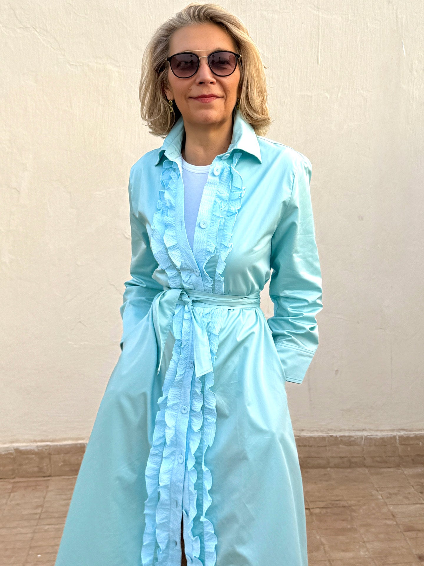 REEVES FRILL SHIRT DRESS - SEAFOAM POPLIN – Dovima Paris