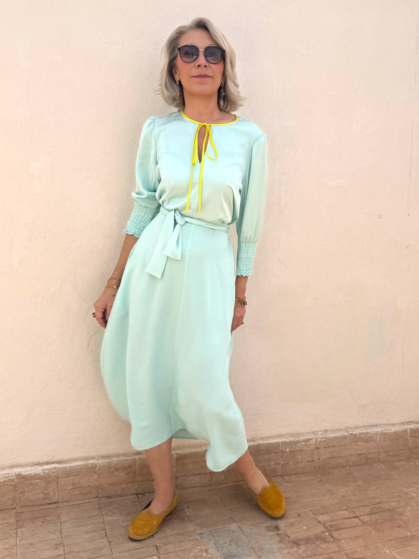 SARA ELASTICATED WAIST DRESS - SEAFOAM HAMMERED SILK – Dovima Paris