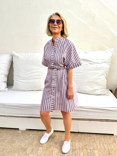 TARA SHIRT DRESS - BROWN & RED STRIPE - RASPBERRY RED STRIPE